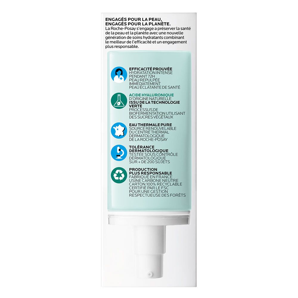 Dos de l'emballage. Texte: La Roche-Posay, Hydraphase HA Légère. Informations sur les ingrédients et le recyclage.