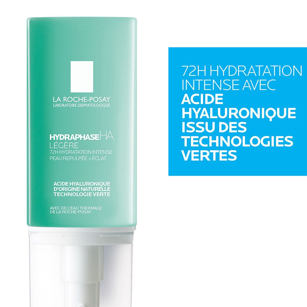 Tube vert avec applicateur blanc. Texte: La Roche-Posay, Hydraphase HA Légère. 72H Hydratation Intense.