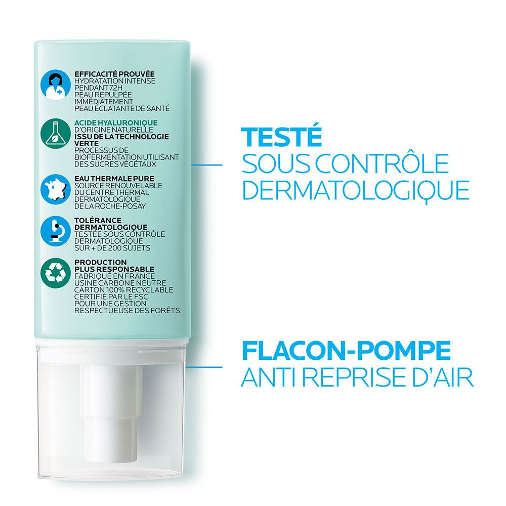 Dos du tube. Texte: Testé sous contrôle dermatologique. Flacon-pompe anti-reprise d'air.