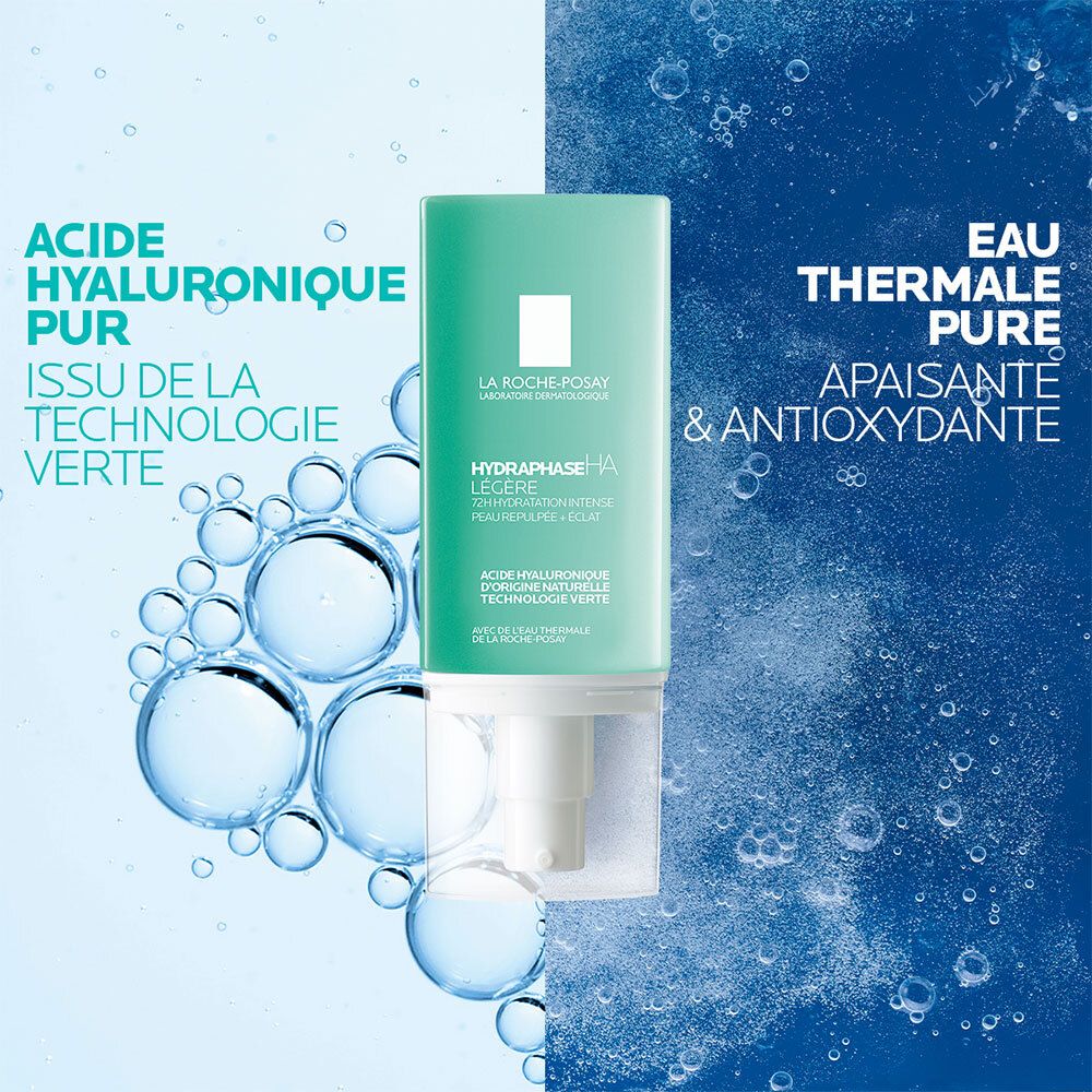 Tube vert avec applicateur blanc. Texte: La Roche-Posay, Hydraphase HA Légère. Acide hyaluronique.