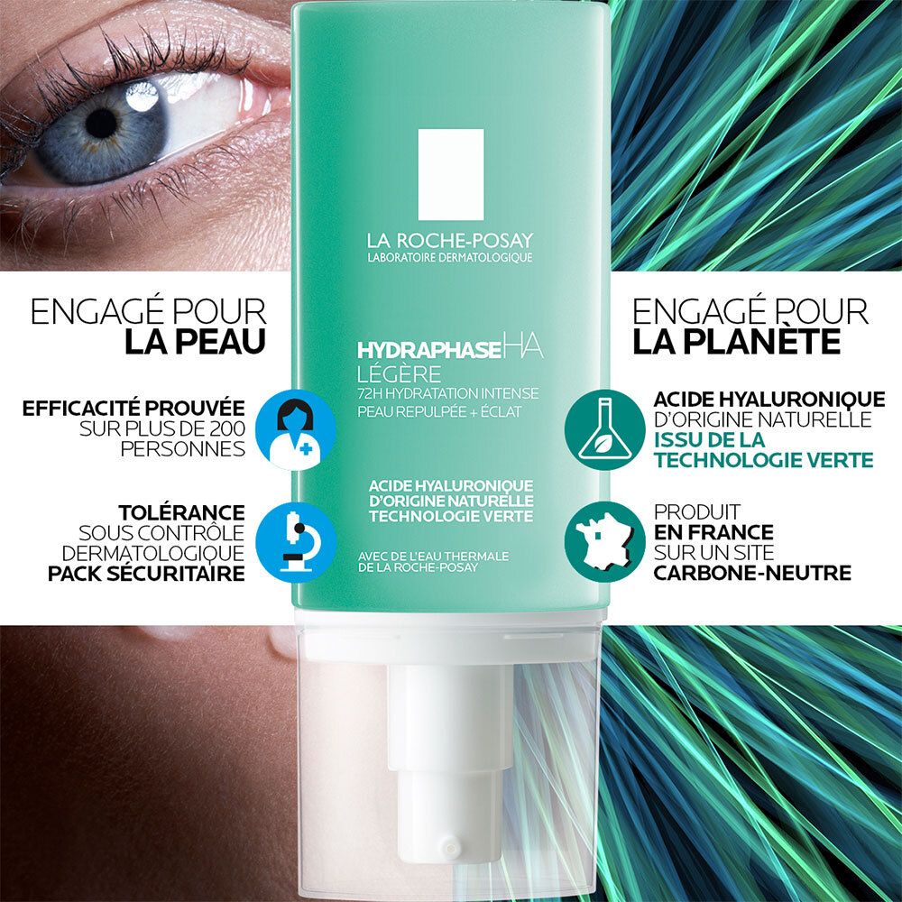 Tube vert avec applicateur blanc. Texte: La Roche-Posay, Hydraphase HA Légère. Produit en France.