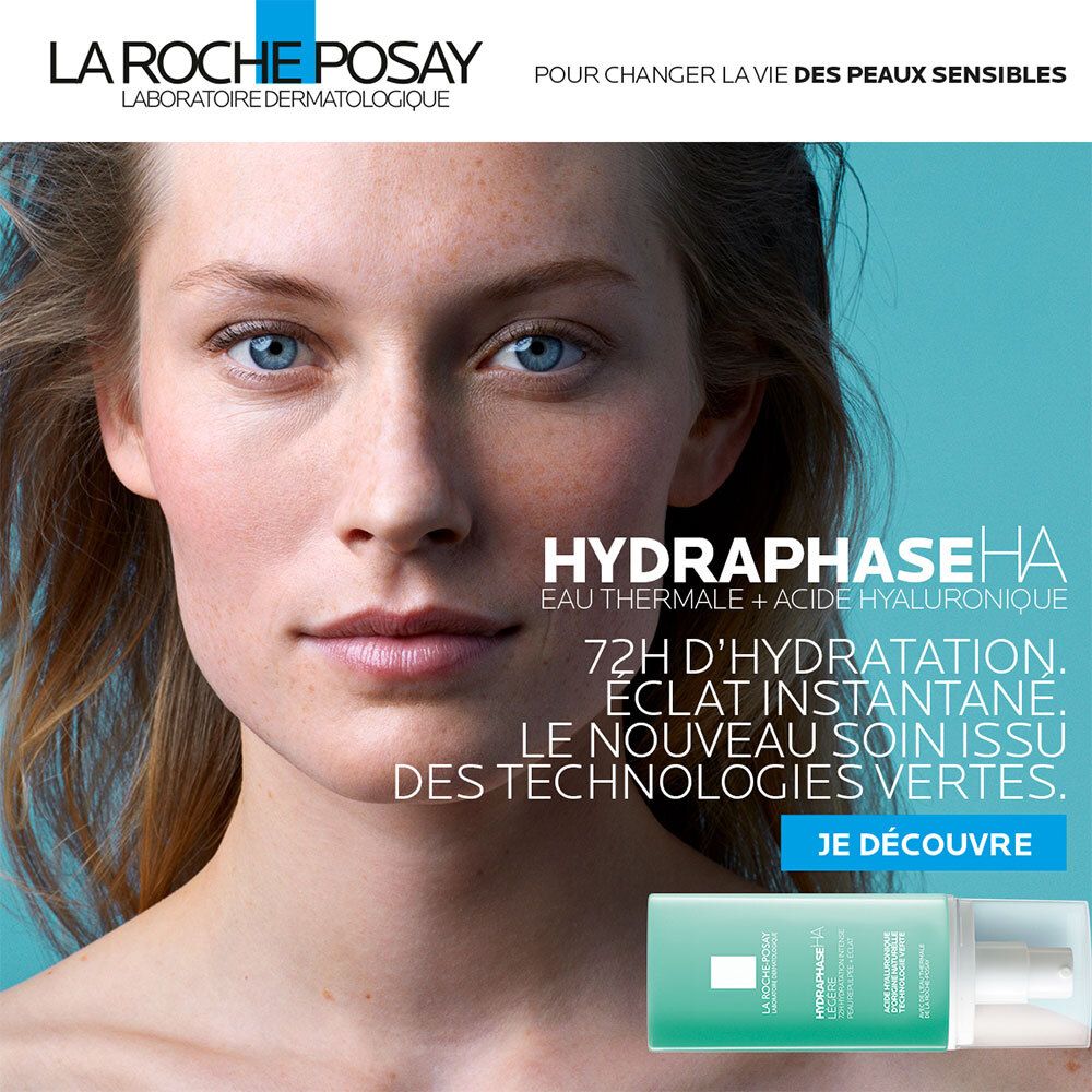Femme avec peau. Texte: La Roche-Posay, Hydraphase HA. 72H Hydratation. Nouveau des technologies vertes.