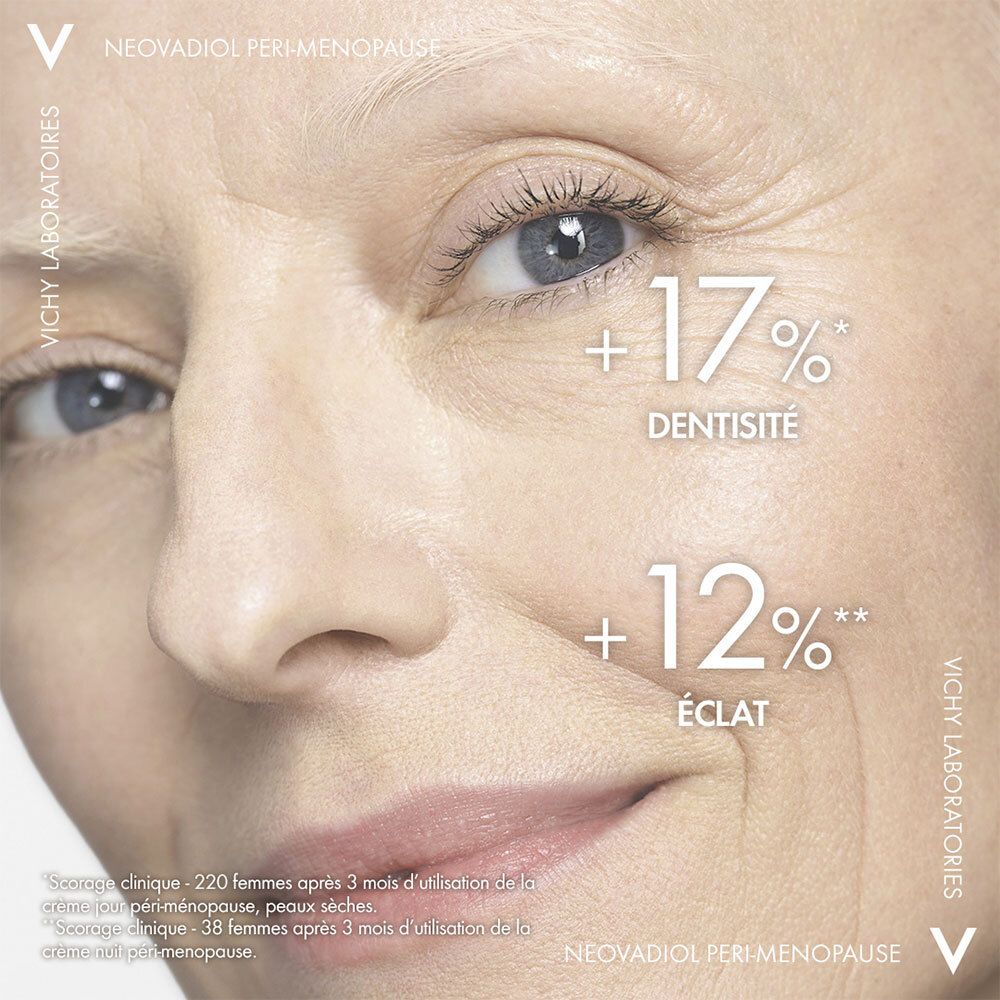 Gros plan sur un visage. Texte : +17% Densité, +12% Éclat. VICHY NEOVADIOL Peri-Ménopause.