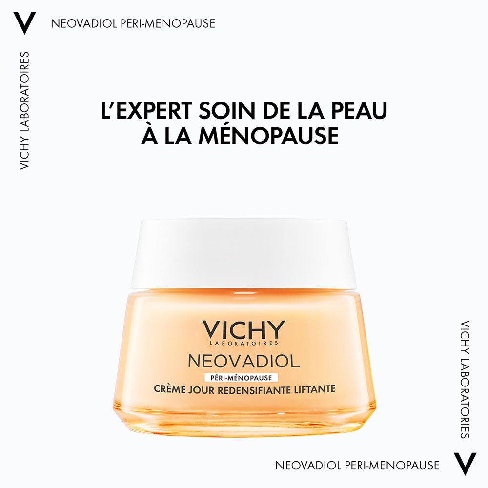 Pot de crème avec couvercle blanc. Inscription : VICHY, NEOVADIOL, Crème Jour Redensifiante Liftante.