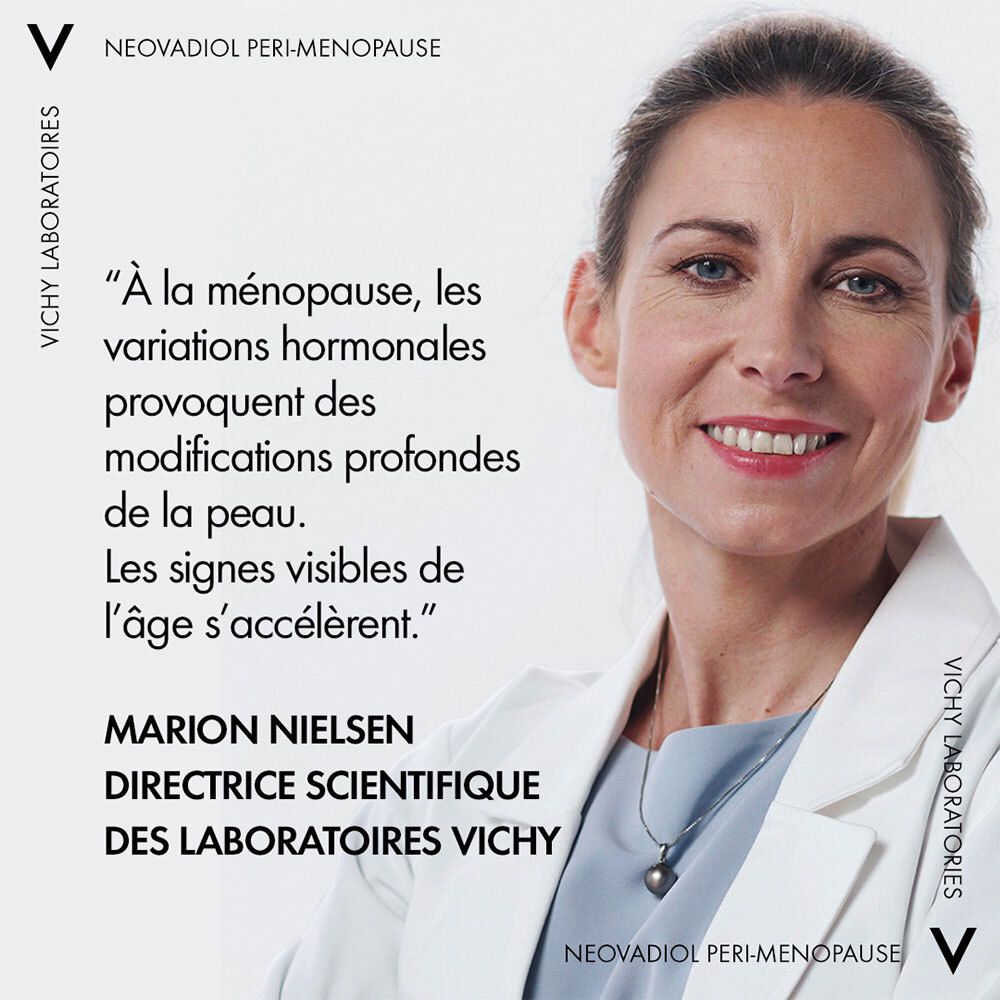 Femme en blouse blanche. Texte : Marion Nielsen, Directrice Scientifique des Laboratoires VICHY. NEOVADIOL Peri-Ménopause.