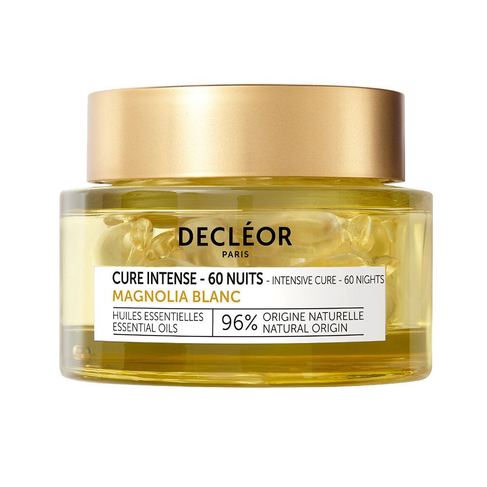 Pot de capsules jaunes. Couvercle doré. Inscription: Decléor Paris, Cure Intense - 60 Nuits.
