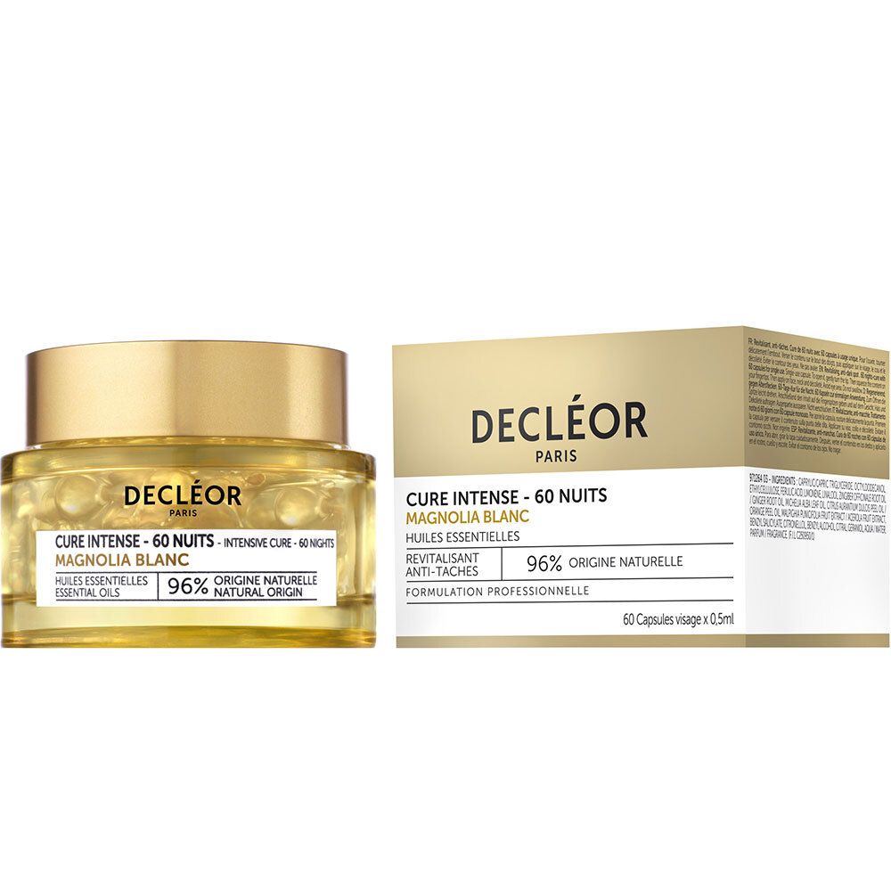 Emballage produit avec pot et boîte. Pot de capsules jaunes. Inscription: Decléor Paris, Cure Intense.