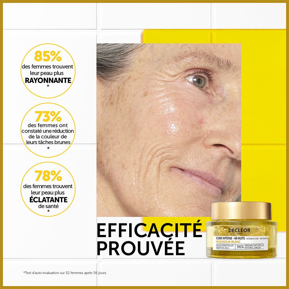 Visage de femme. Texte: 85% trouvent leur peau plus rayonnante, 73% moins de taches brunes, 78% plus éclatante.