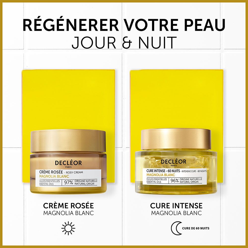 Deux produits côte à côte. Crème à gauche, Cure Intense à droite. Texte: Régénérer votre peau jour & nuit.