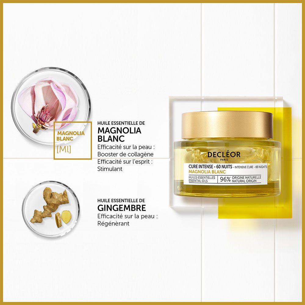 Produit avec ingrédients. Magnolia Blanc et gingembre. Texte: Huile essentielle de Magnolia Blanc.