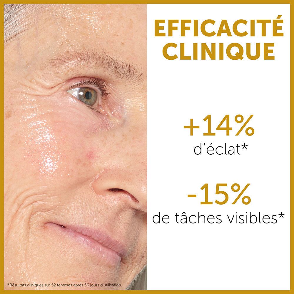 Visage de femme. Texte: +14% d'éclat, -15% de taches visibles. Texte: Efficacité Clinique.