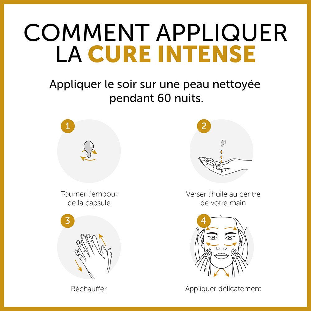 Étapes d'application. 1. Ouvrir la capsule. 2. Huile dans la main. 3. Réchauffer. 4. Appliquer.