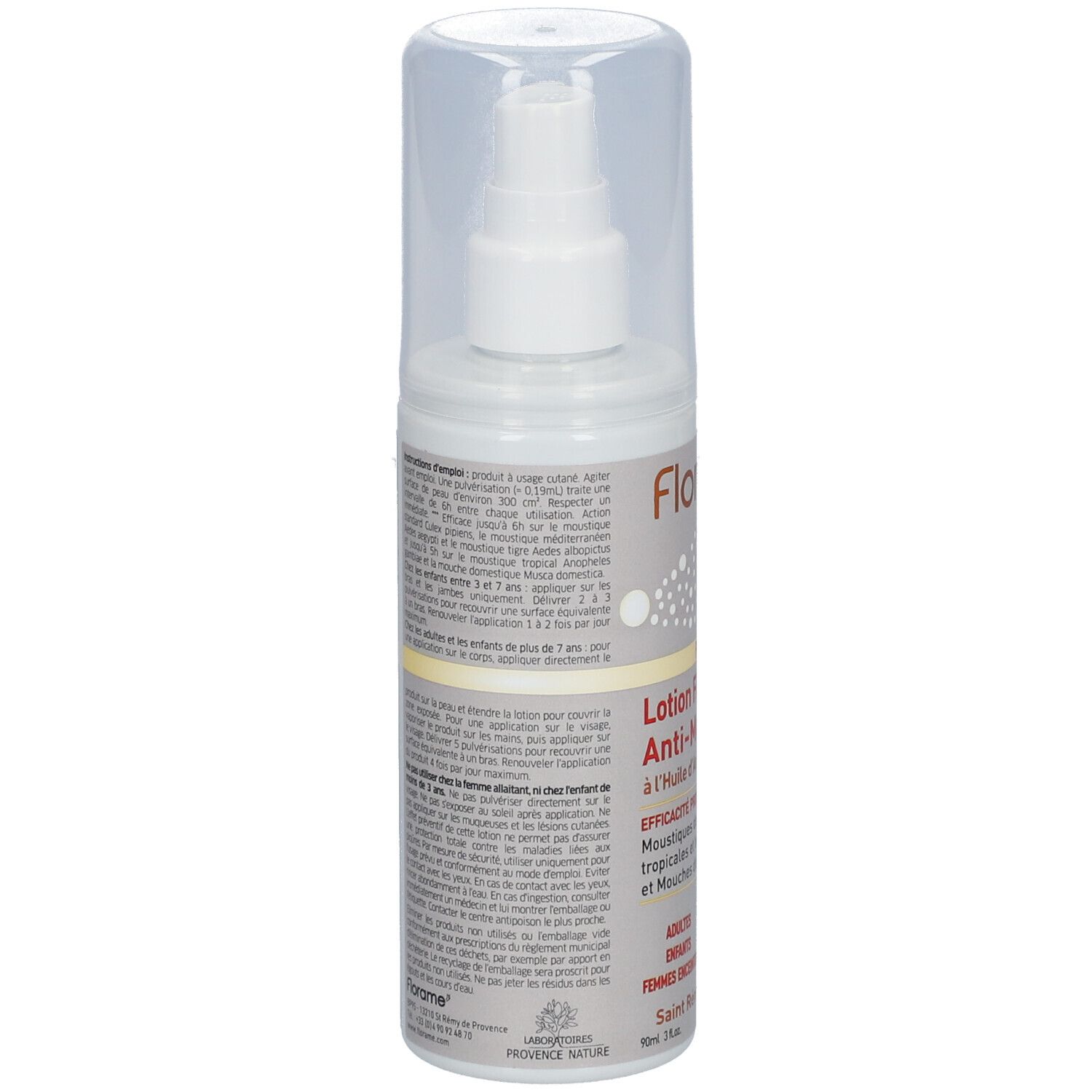 Spray blanc avec bouchon transparent. Texte en français. Informations sur l'utilisation et les ingrédients.