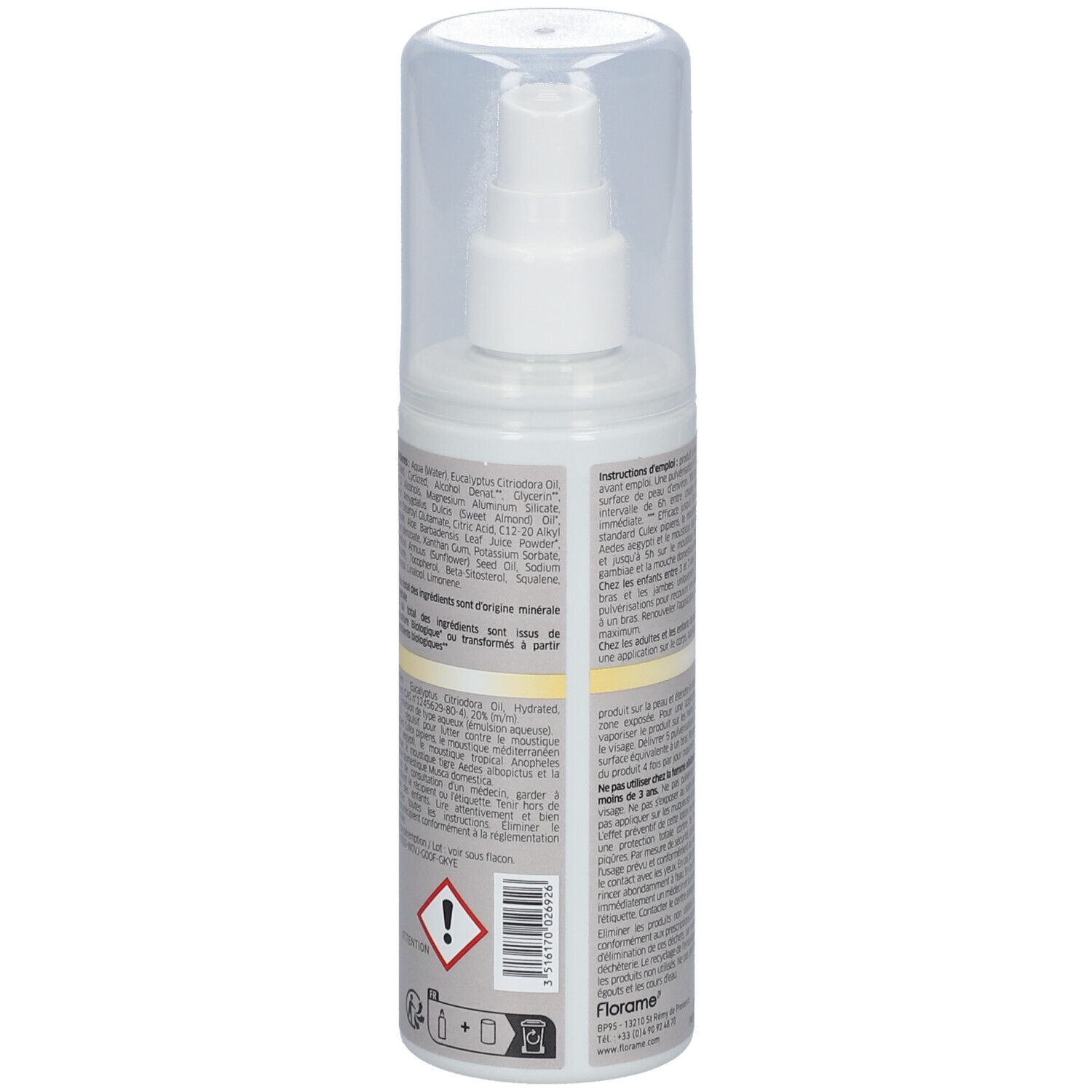 Spray blanc avec bouchon transparent. Texte en français. Avertissements et ingrédients.