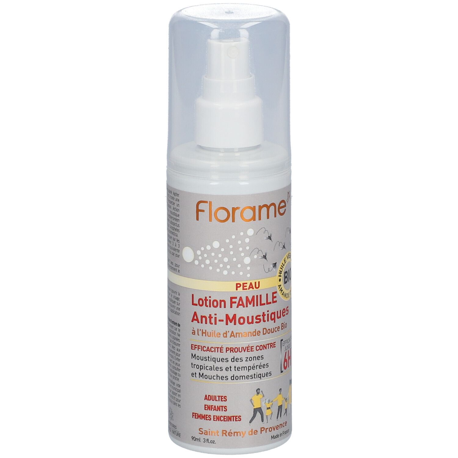 Spray blanc avec bouchon transparent. Inscription: Florame, Lotion Famille Anti-Moustiques Bio. Certification Bio.