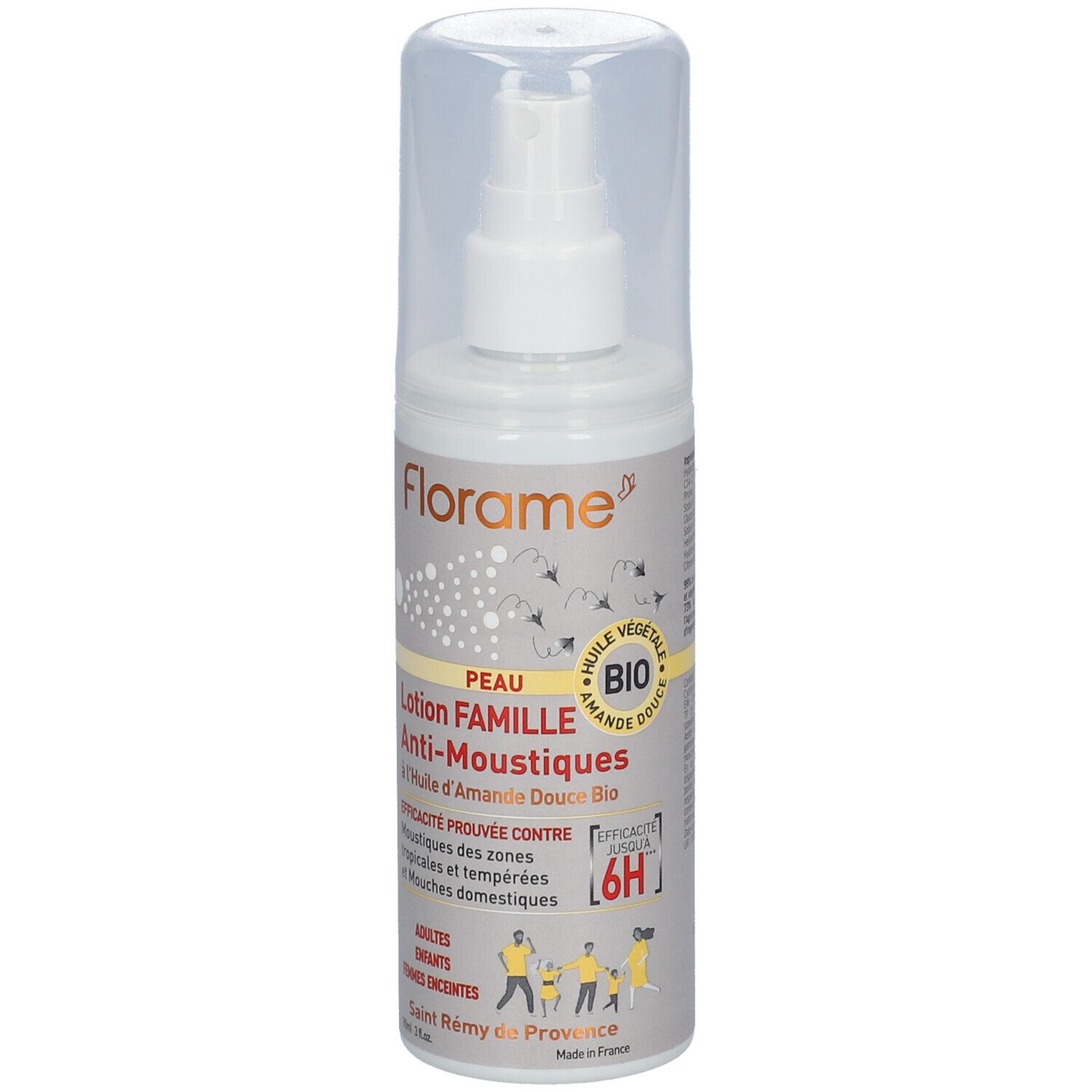 Spray blanc avec bouchon transparent. Inscription: Florame, Lotion Famille Anti-Moustiques Bio. Certification Bio.