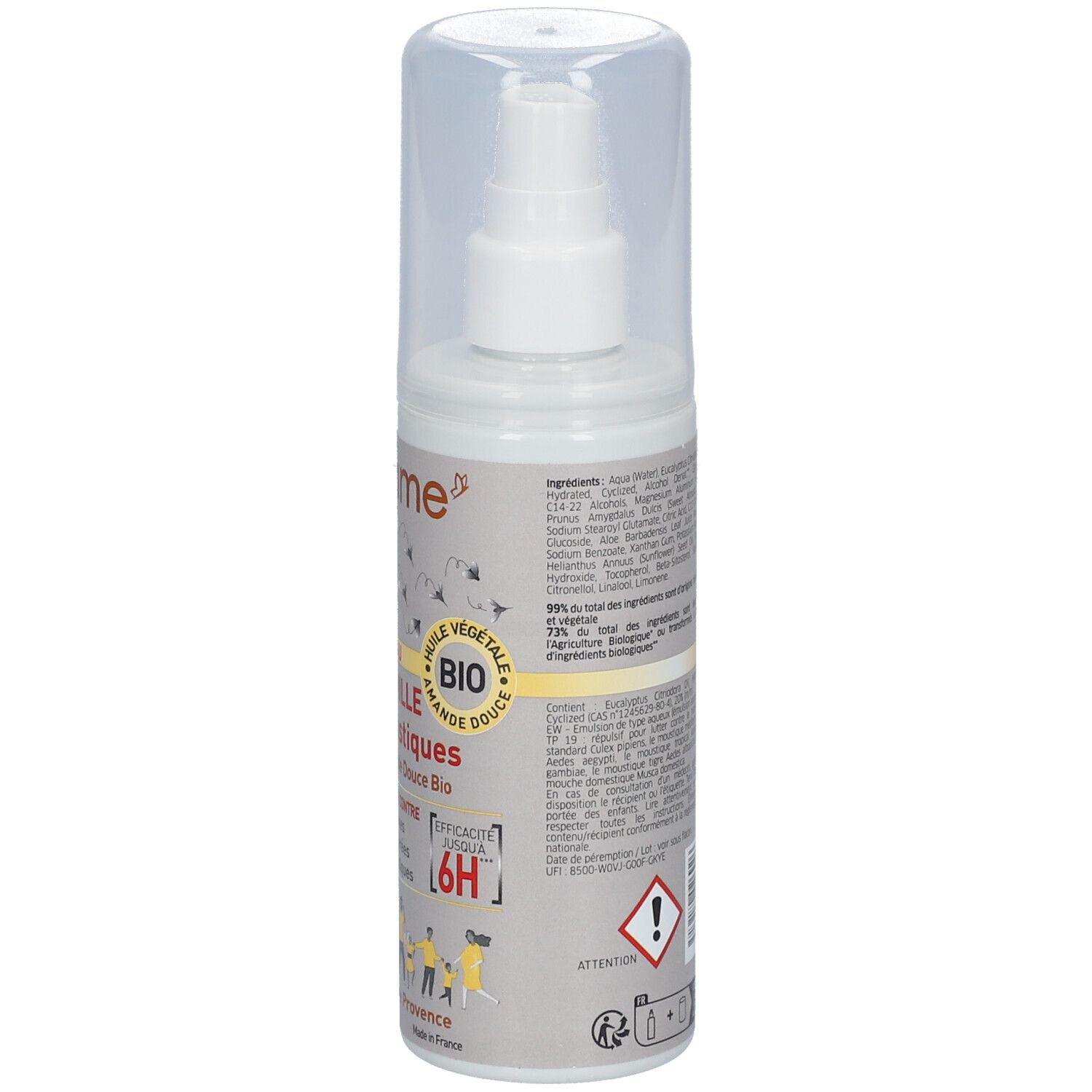Spray blanc avec bouchon transparent. Texte en français. Ingrédients et avertissements.
