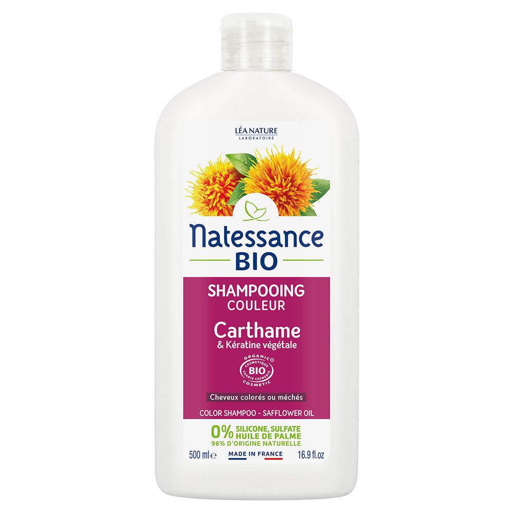 Shampoo-Flasche mit Etikett. Aufschrift: Natessance Bio, Shampooing Couleur, Carthame & pflanzliches Keratin. Bio-Zertifizierung.