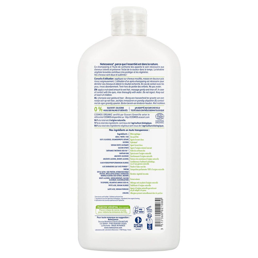 Rückseite der Shampoo-Flasche. Text mit Inhaltsstoffen und Anweisungen. Bio-Zertifizierung. Barcode und Recycling-Symbol.