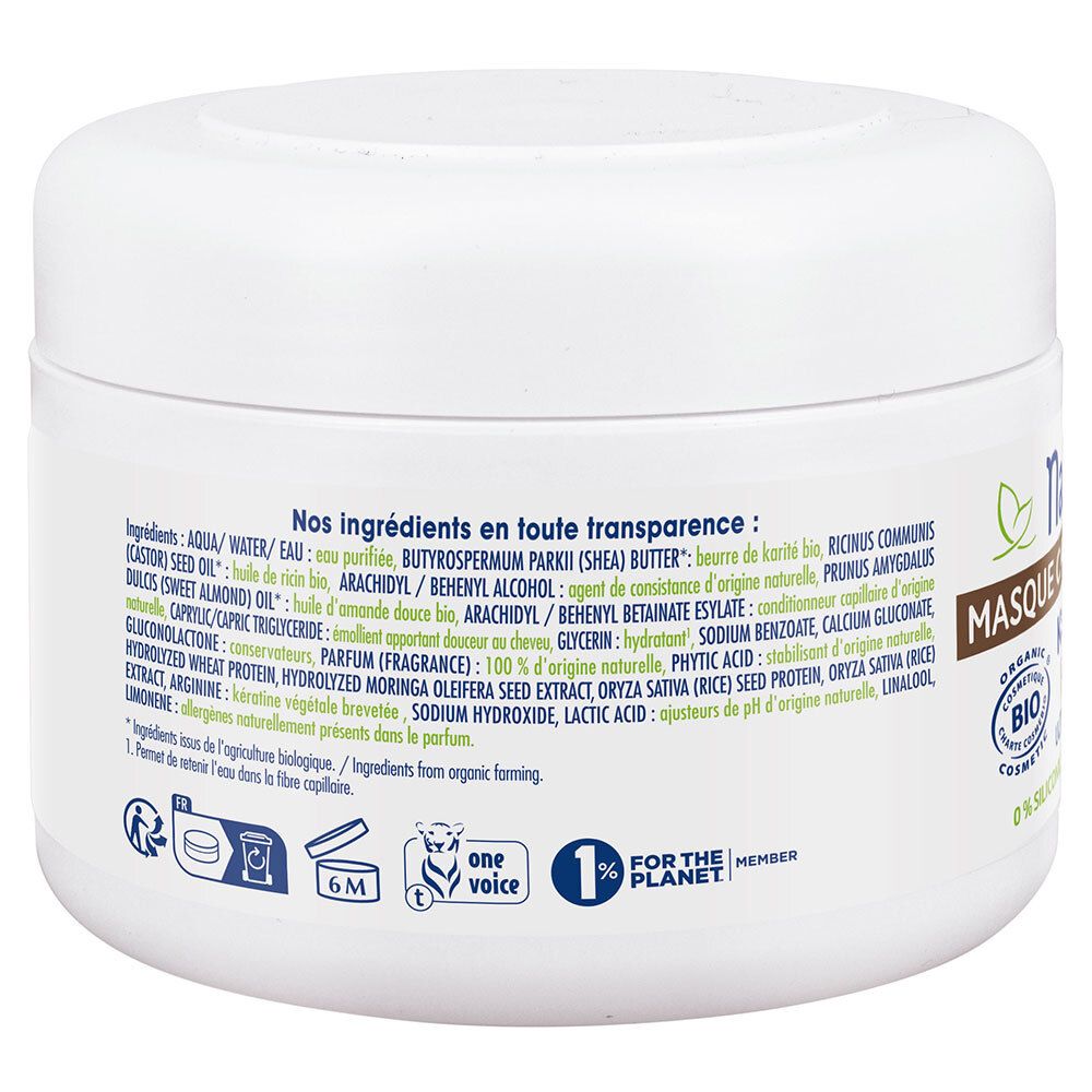 Dos du pot blanc. Texte: Ingrédients, symbole 6M, 1% pour la planète, certification COSMOS ORGANIC.