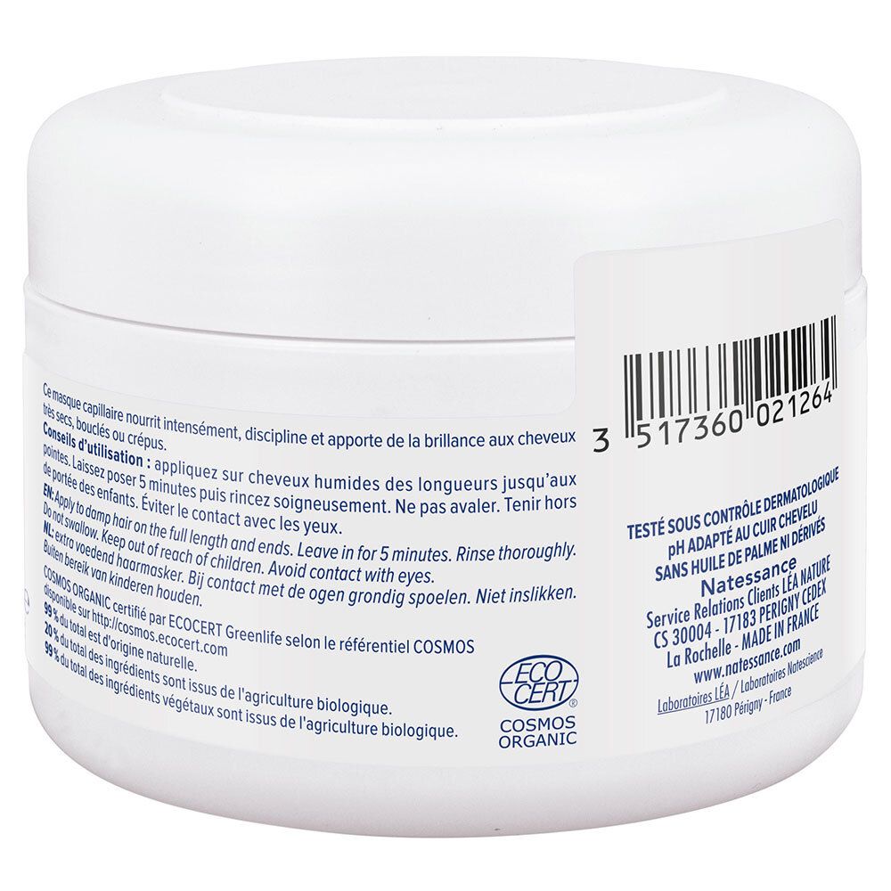 Dos du pot blanc. Texte: Conseils d'utilisation, code-barres, pH, certification COSMOS ORGANIC.