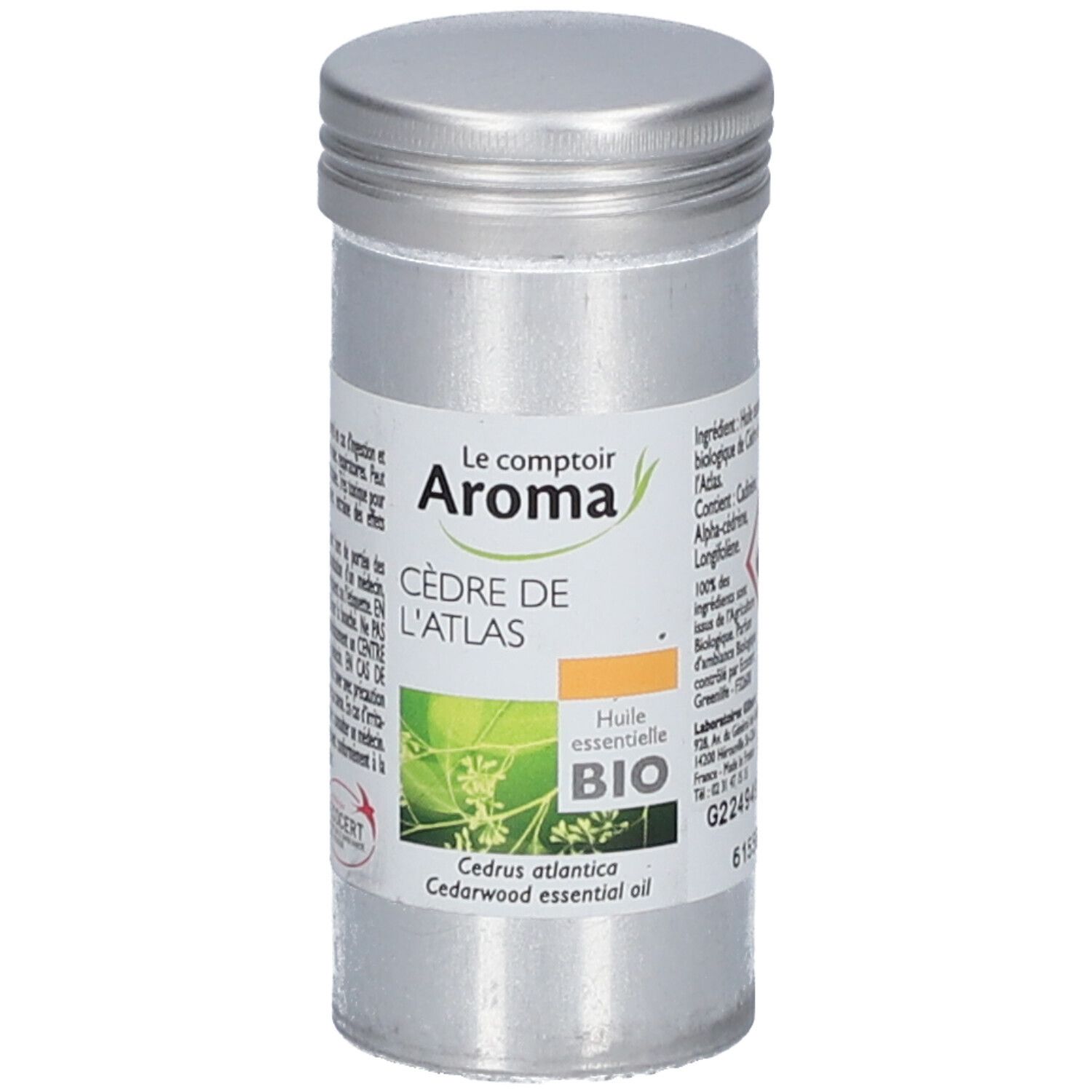 Zylindrische Metallflasche. Aufschrift: Le Comptoir Aroma, Cèdre de l'Atlas, Bio. Etikett mit Inhaltsstoffen und Zertifizierung.