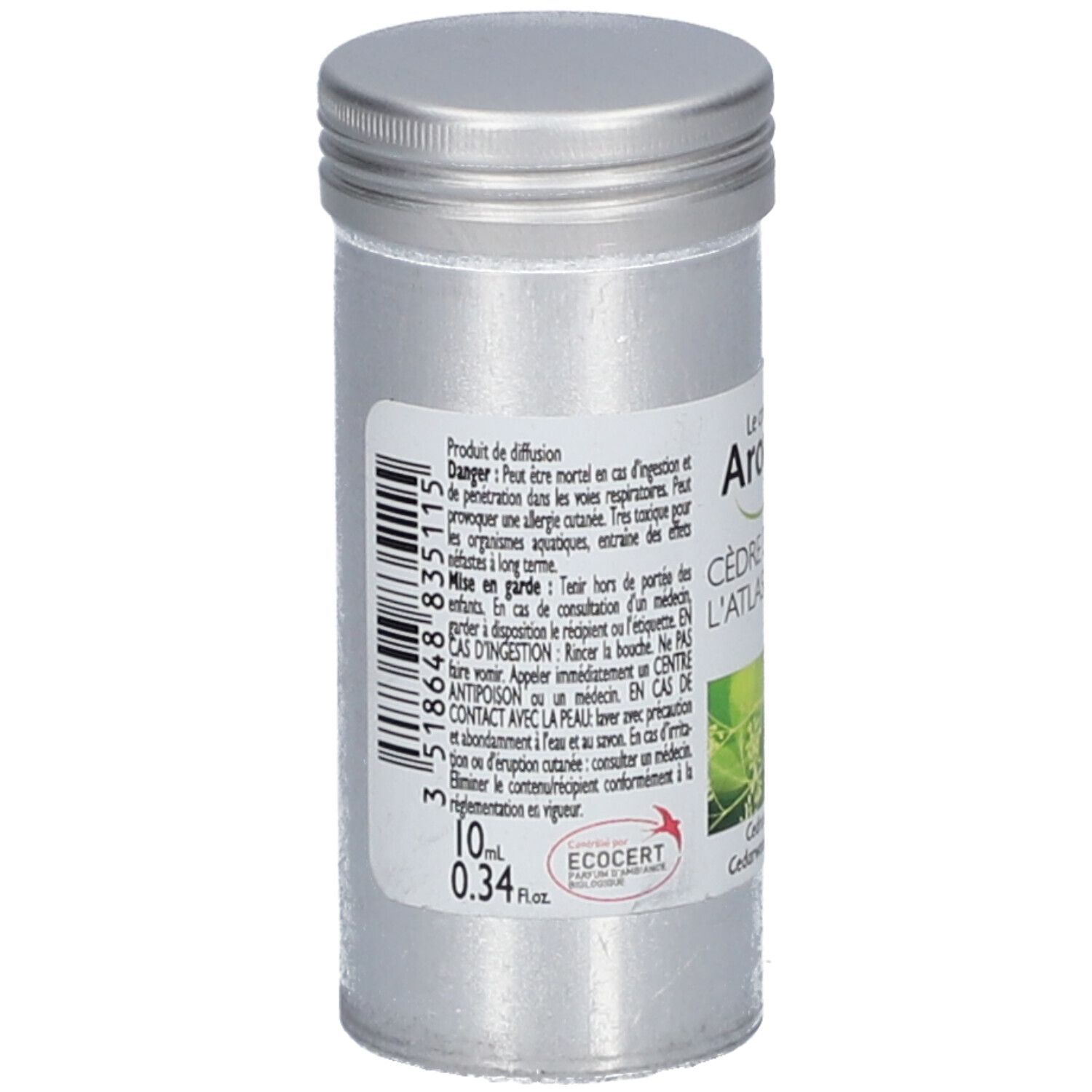 Zylindrische Metallflasche. Etikett mit Warnhinweisen, Inhaltsstoffen und Volumenangabe: 10 ml / 0.34 fl.oz.