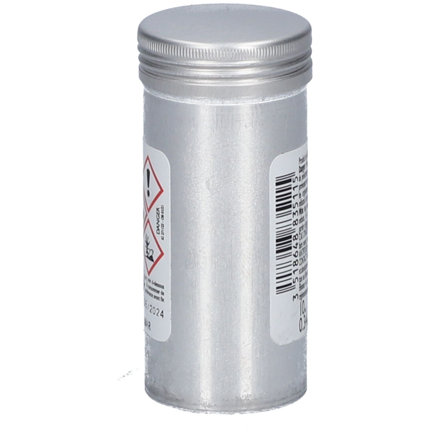 Zylindrische Metallflasche. Aufkleber mit Gefahrensymbolen und Barcode. Rückseite mit Text.