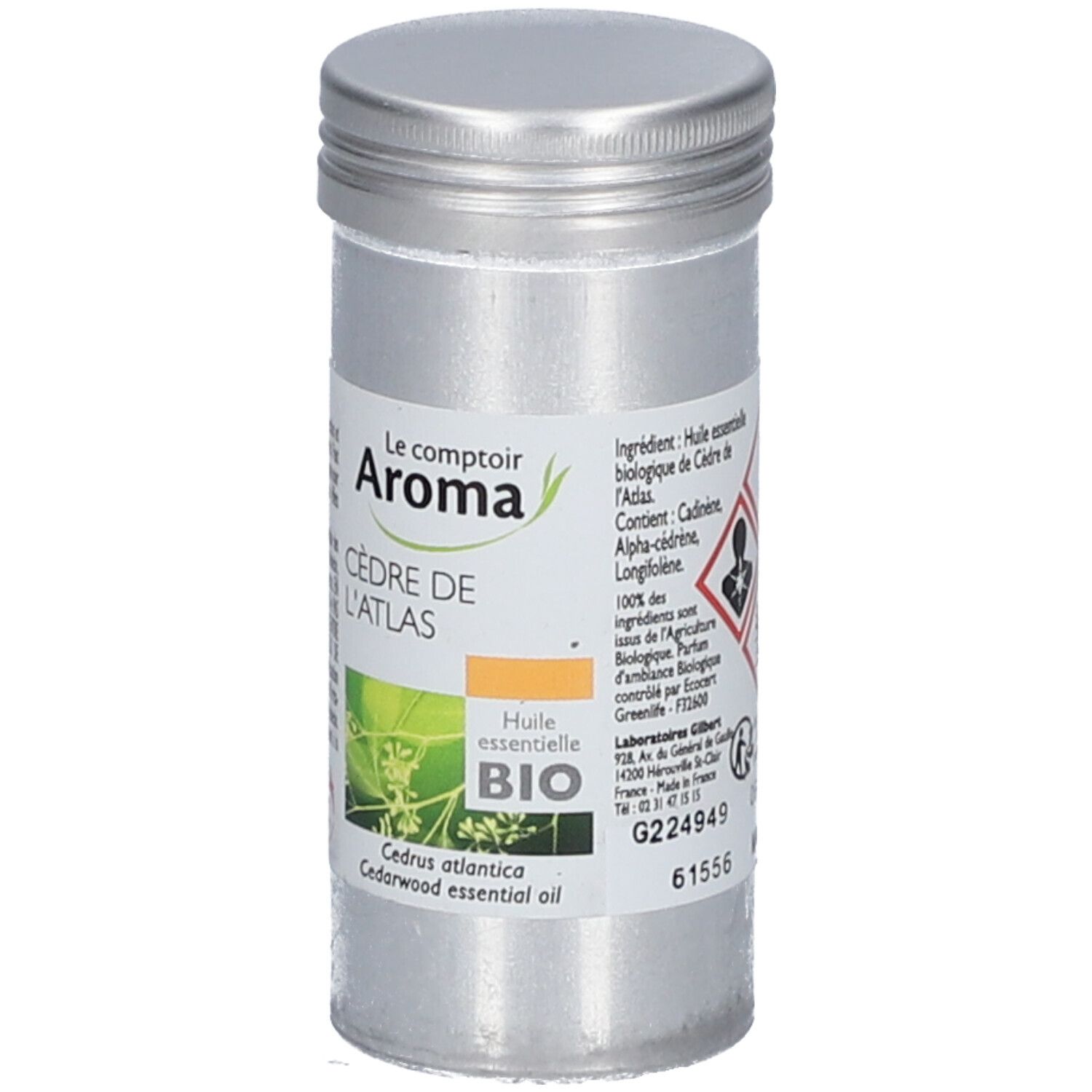 Zylindrische Metallflasche. Aufschrift: Le Comptoir Aroma, Cèdre de l'Atlas, Bio. Etikett mit Inhaltsstoffen, Gefahrensymbolen und Zertifizierung.