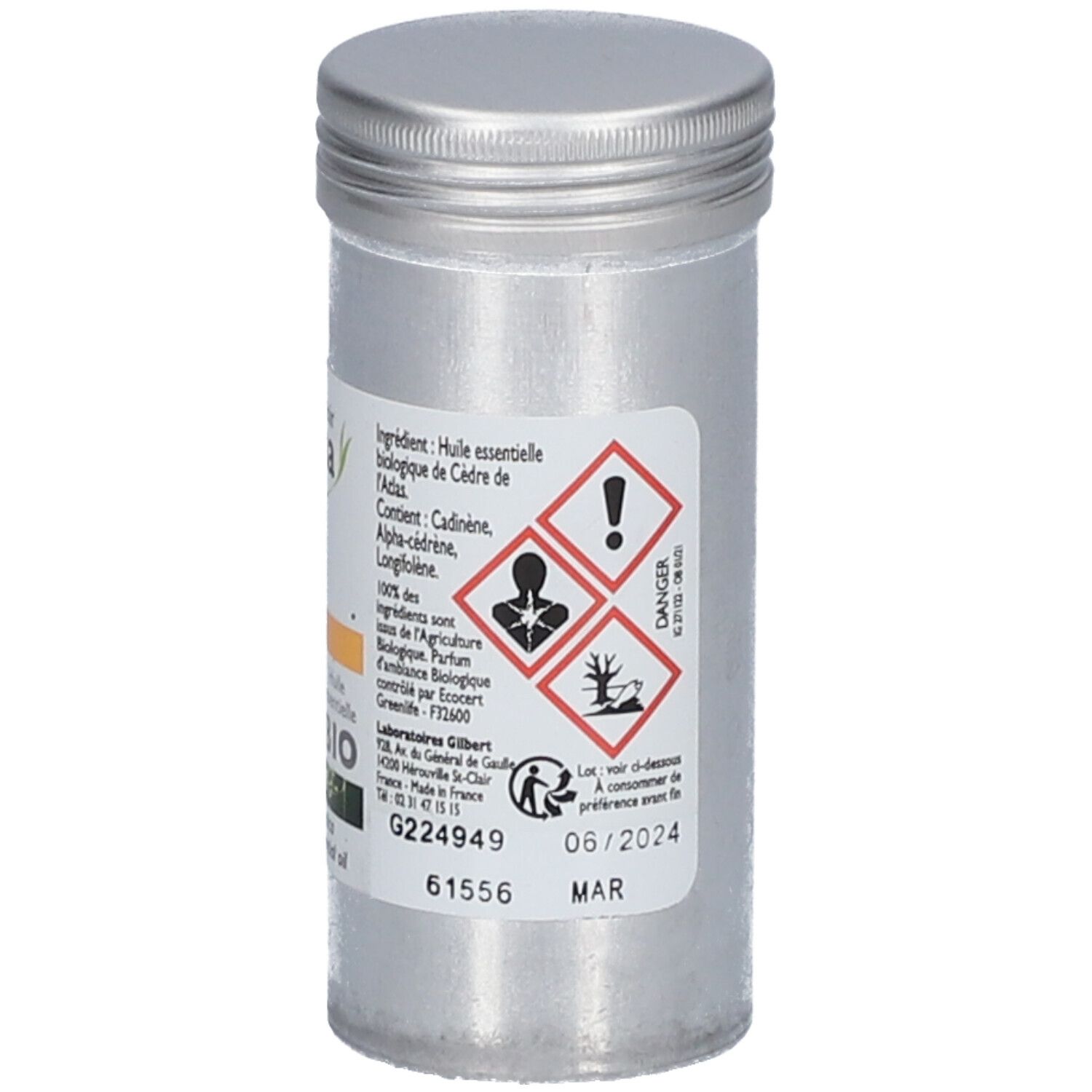 Zylindrische Metallflasche. Etikett mit Gefahrensymbolen, Inhaltsstoffen, Verfallsdatum: 06/2024 und Zertifizierung.
