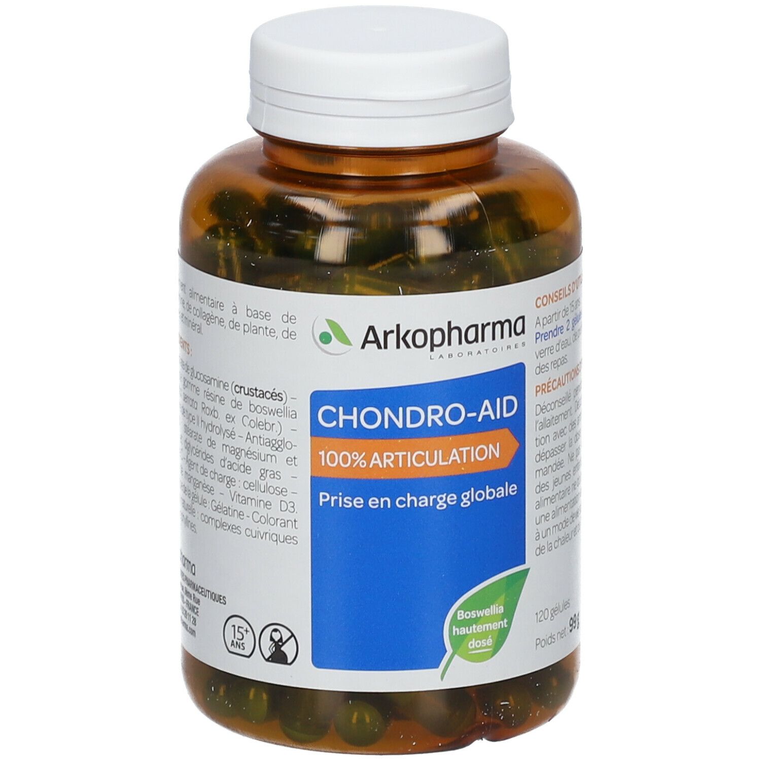 Flacon brun avec bouchon blanc. Étiquette avec informations produit et marque Arkopharma. Gélules vertes visibles.