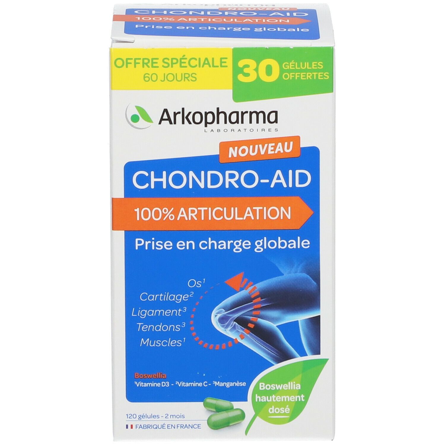 Boîte blanche avec informations produit et marque Arkopharma. Illustration d'une articulation. Gélules vertes visibles.