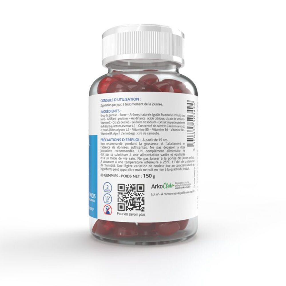 Rückseite der Flasche mit Inhaltsstoffen und Anwendungshinweisen. 2 Gummis pro Tag. 40 Gummis, 150g.