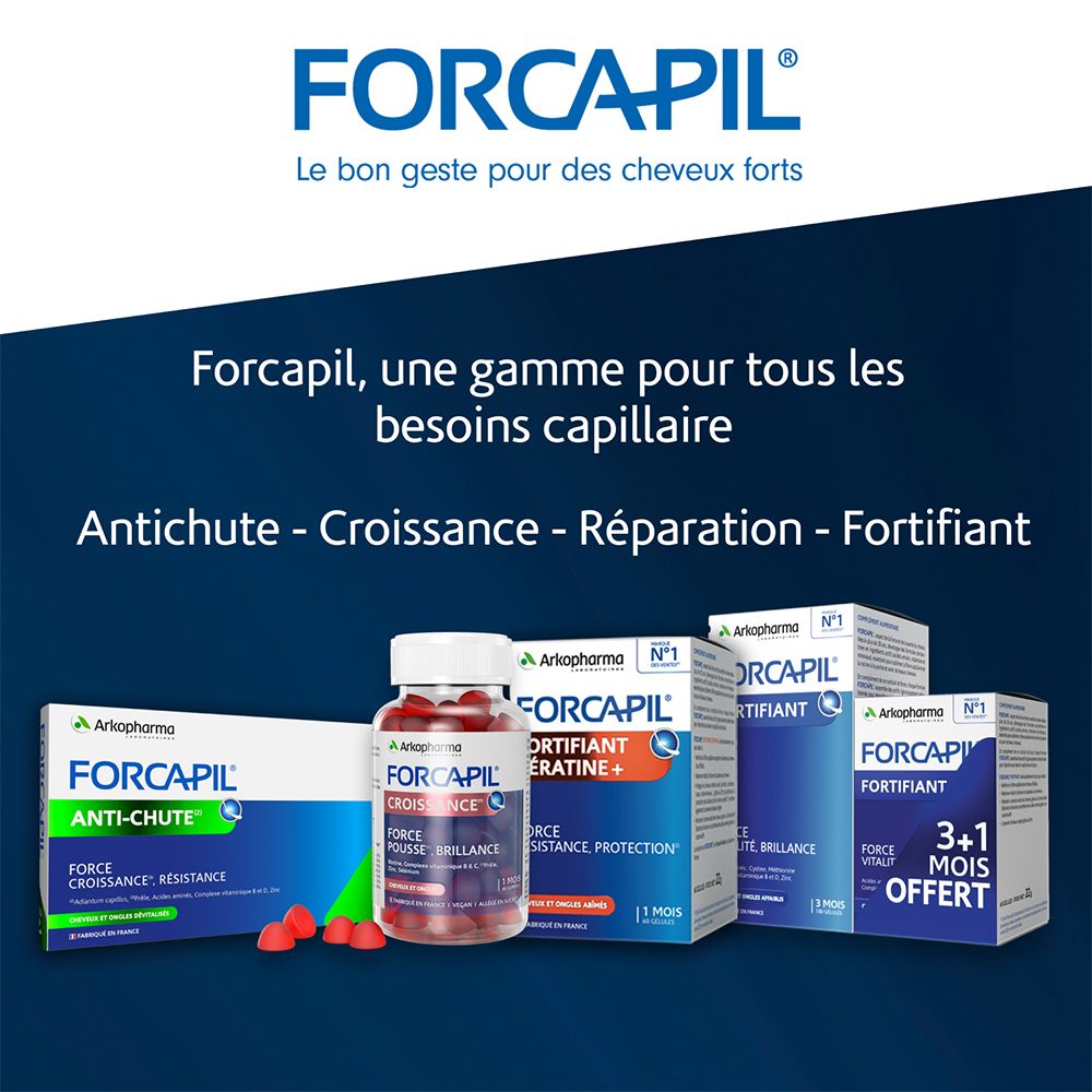Verschiedene FORCAPIL Produkte. Anti-Haarausfall, Wachstum, Reparatur, Stärkung.