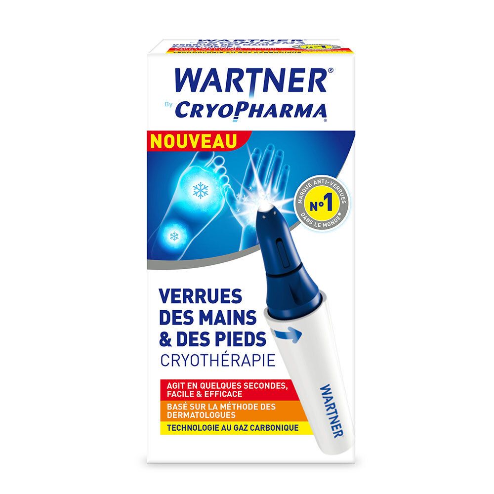 Emballage du produit. Wartner Cryopharma, contre les verrues mains et pieds. Avec applicateur stylo.
