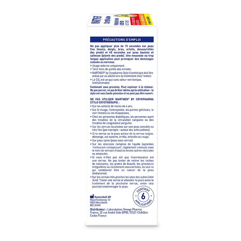 Dos de l'emballage. Précautions d'emploi et instructions pour Wartner Cryopharma.