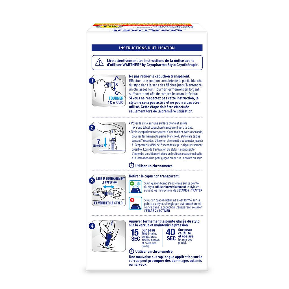 Emballage, instructions. Étapes d'utilisation de Wartner Cryopharma. Tourner 1x, attendre 7 secondes.
