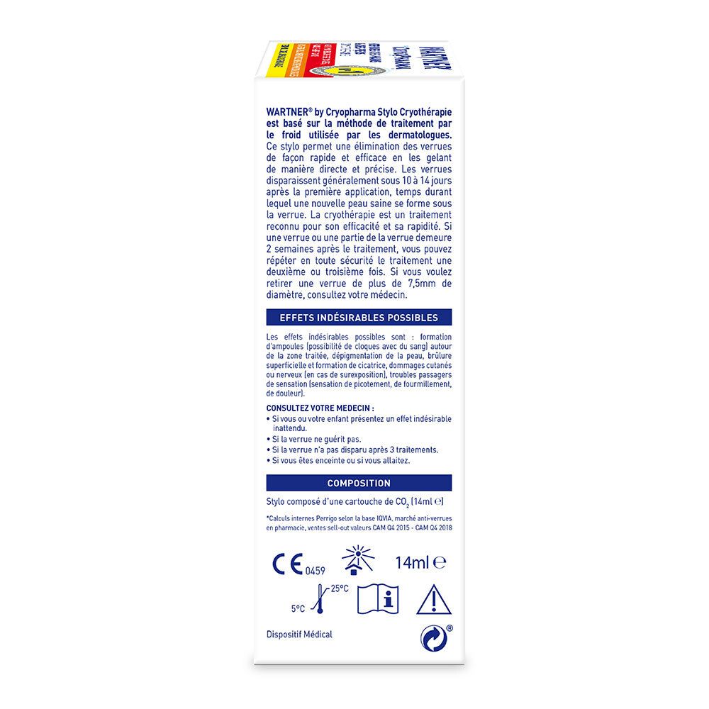 Emballage, informations. Composition de Wartner Cryopharma. 14ml, marquage CE.