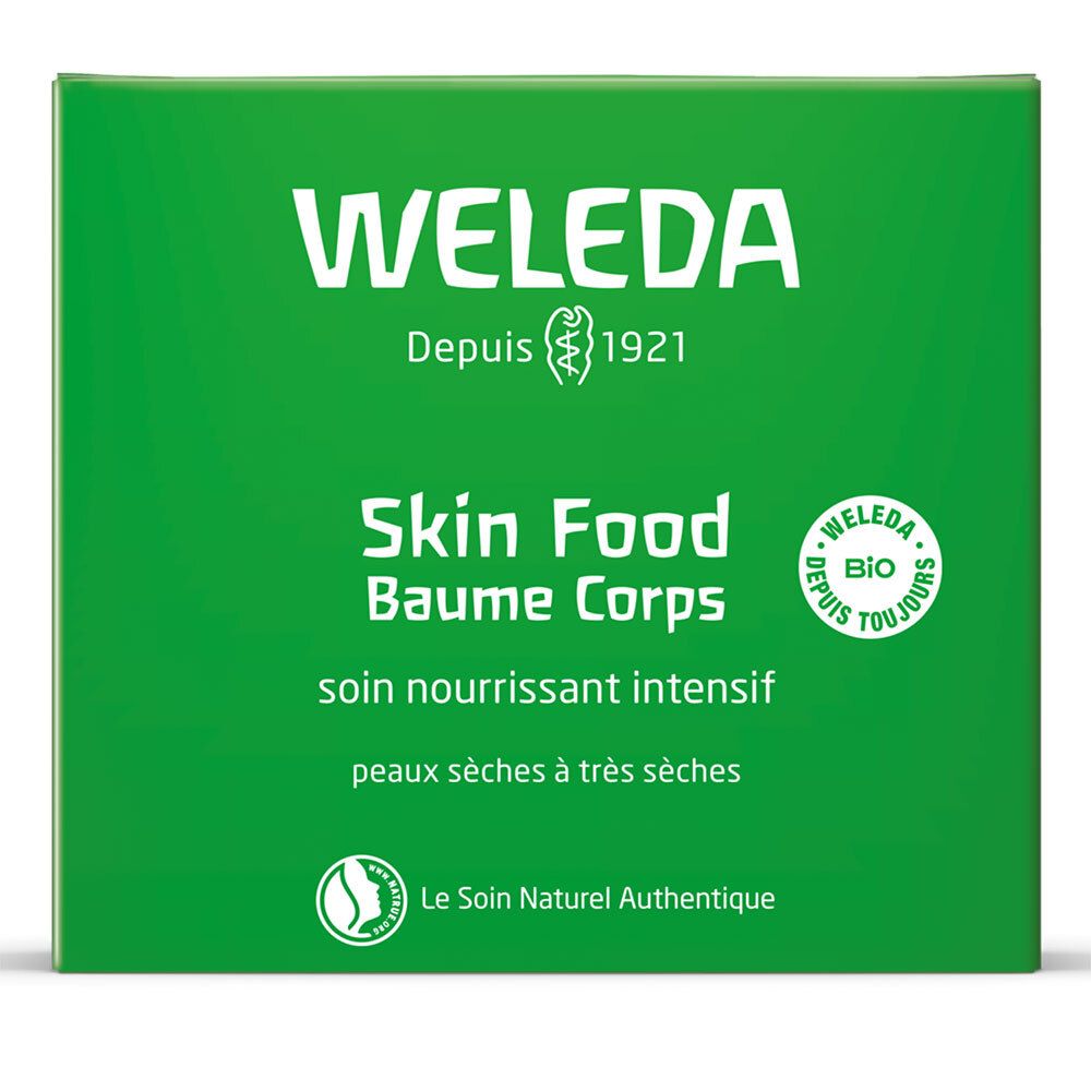 Grüne Verpackung mit WELEDA-Logo und Produktinformationen. Text: Skin Food Baume Corps, für trockene bis sehr trockene Haut.