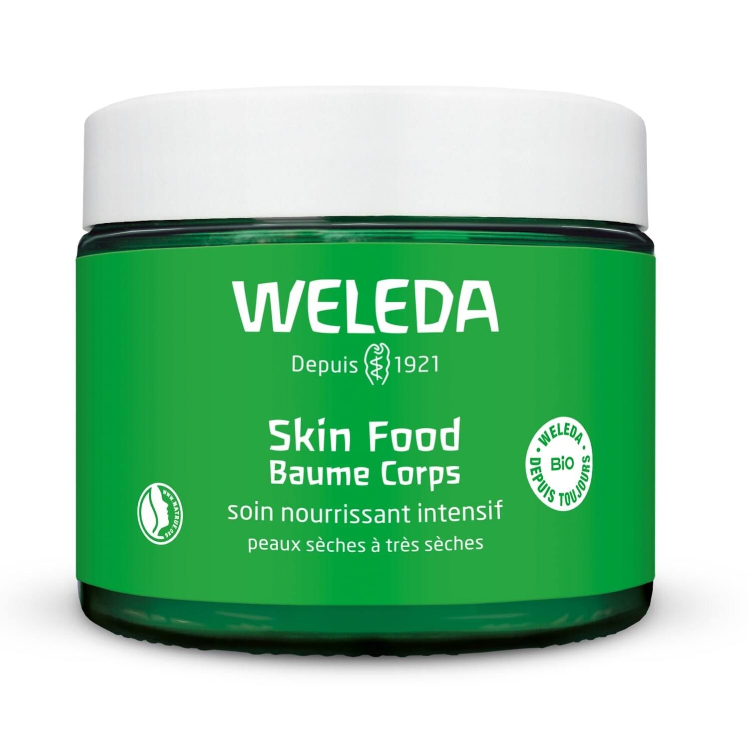 Grüner Tiegel mit weißem Deckel. WELEDA-Logo und Produktinformationen. Text: Skin Food Baume Corps, für trockene bis sehr trockene Haut.