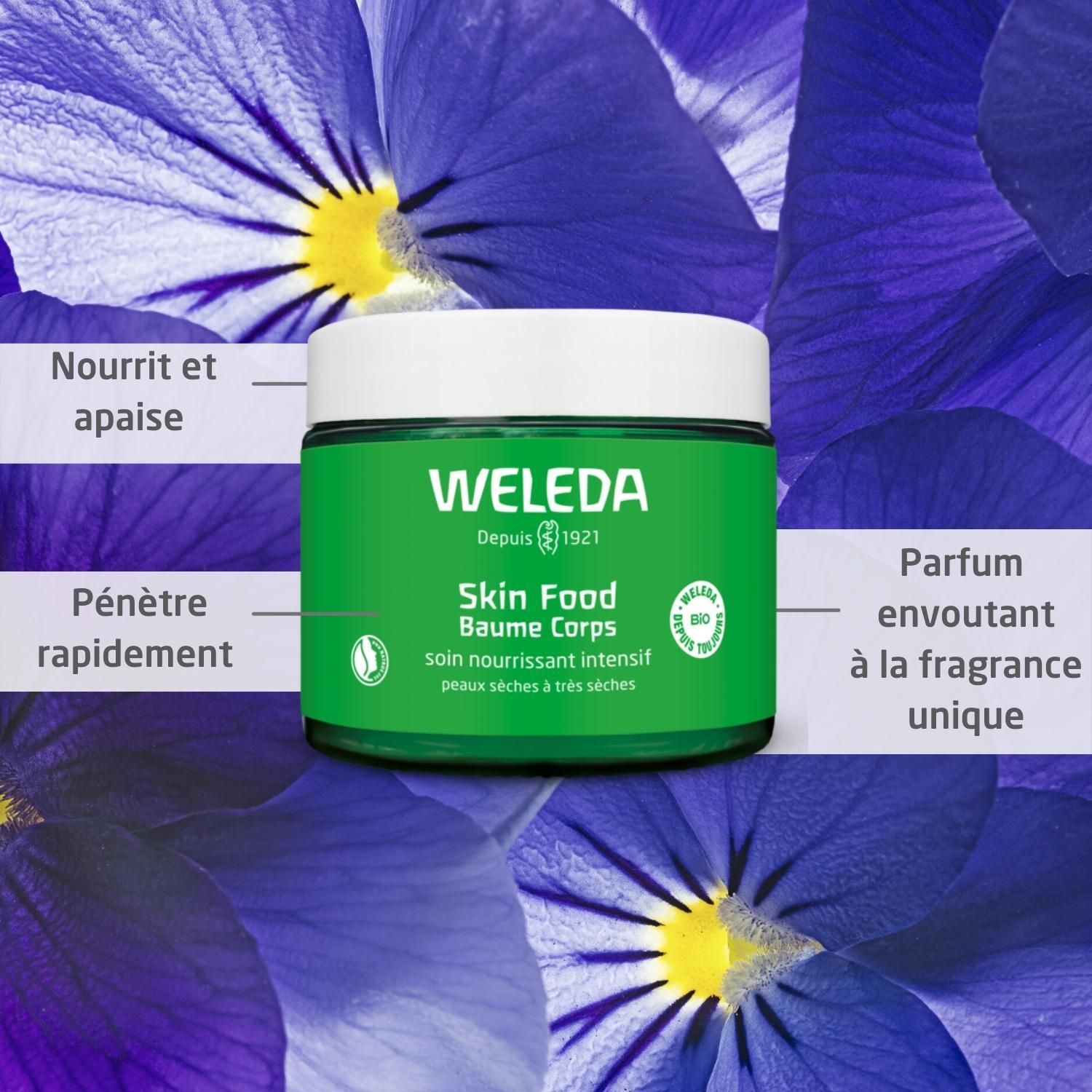 WELEDA Skin Food Tiegel vor blauem Blütenhintergrund. Text: Skin Food Baume Corps. Zusätzliche Texte: Nährt und beruhigt, zieht schnell ein.
