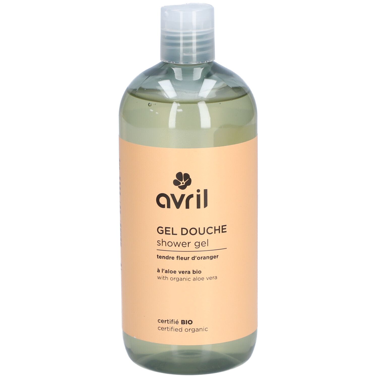 Flacon transparent avec étiquette abricot. Inscription: avril, Gel Douche, Tendre Fleur d'Oranger. Certification bio.