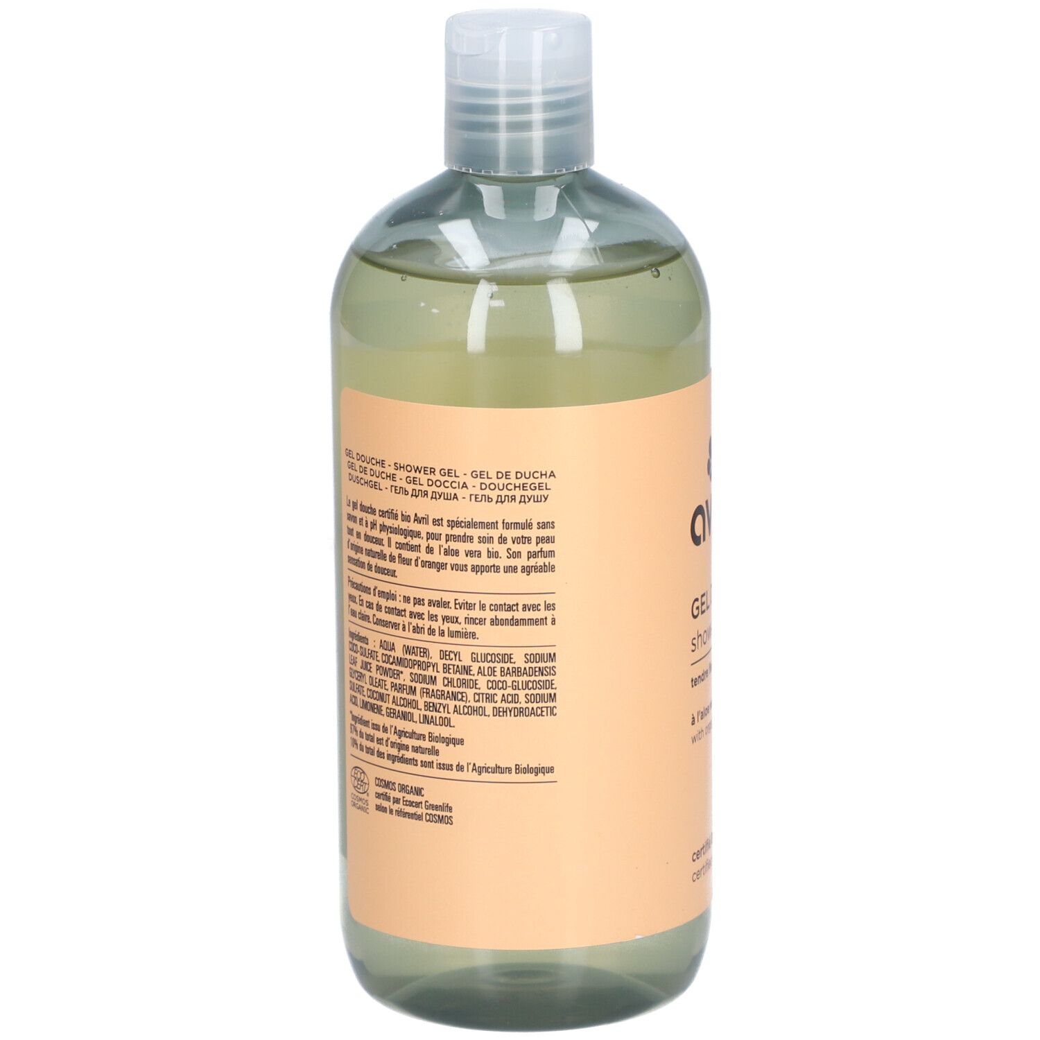 Flacon transparent avec étiquette abricot. Texte multilingue. Ingrédients et certification bio.