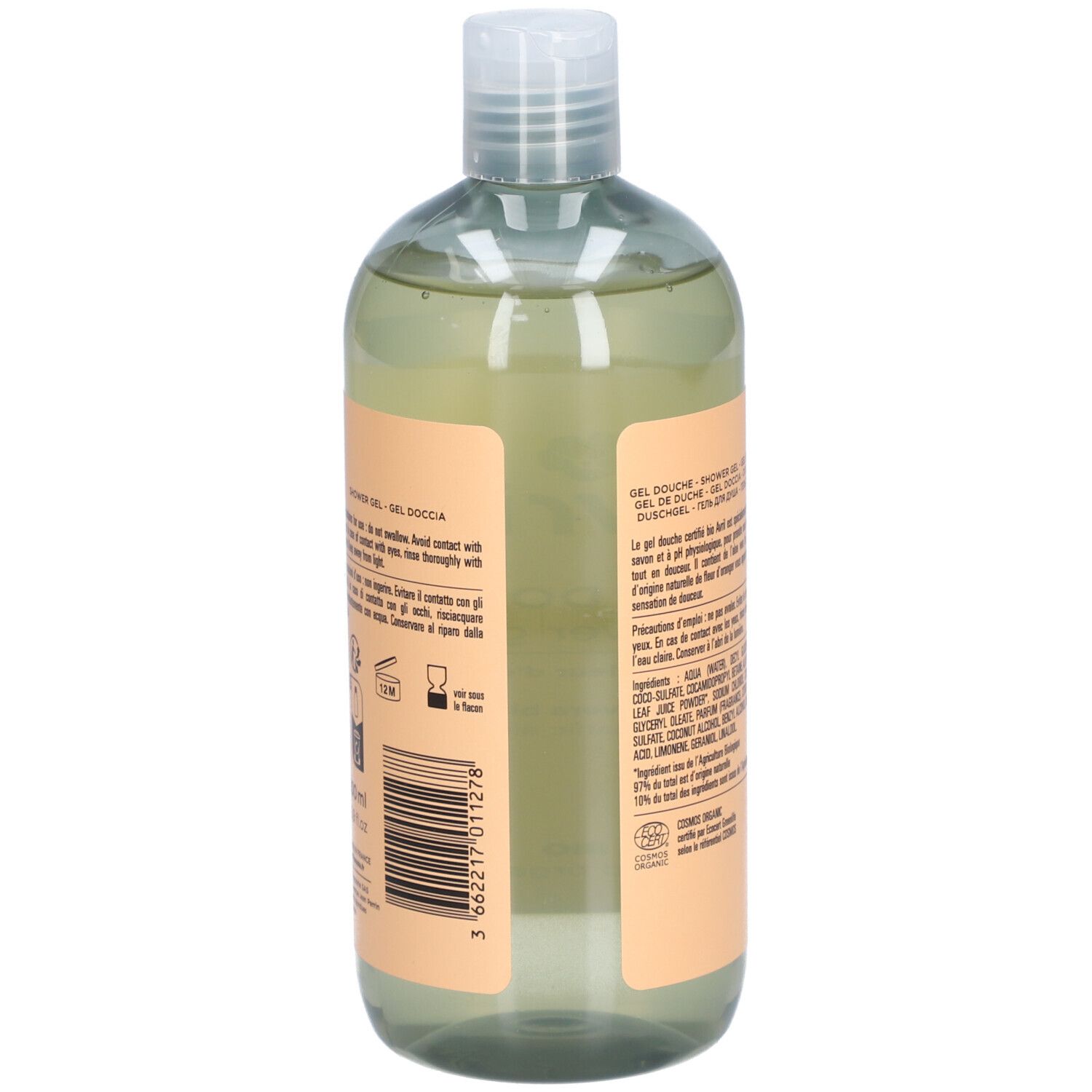 Dos du flacon transparent avec étiquette abricot. Texte multilingue. Code-barres et certification bio.