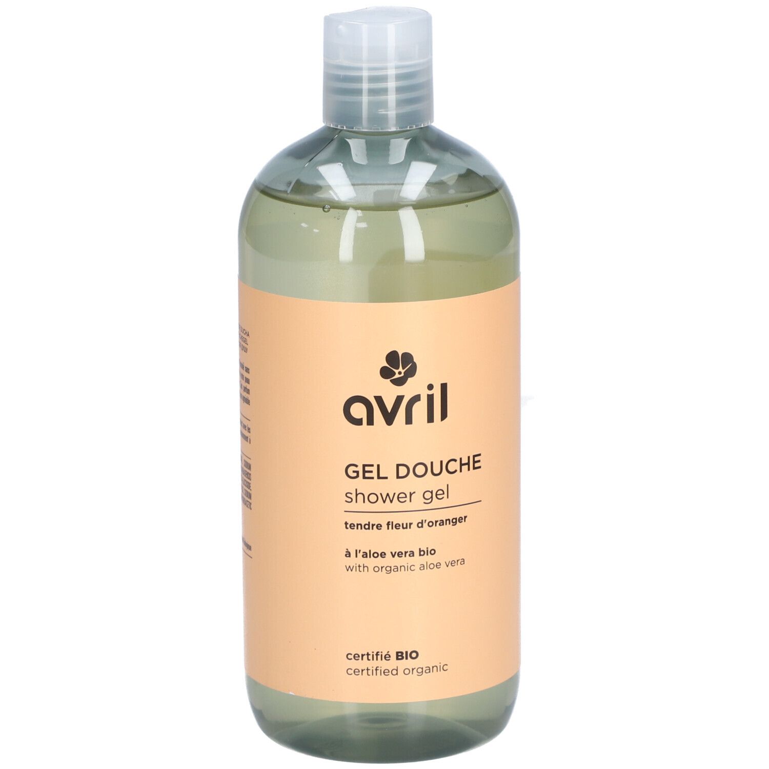 Flacon transparent avec étiquette abricot. Inscription: avril, Gel Douche, Tendre Fleur d'Oranger. Certification bio.