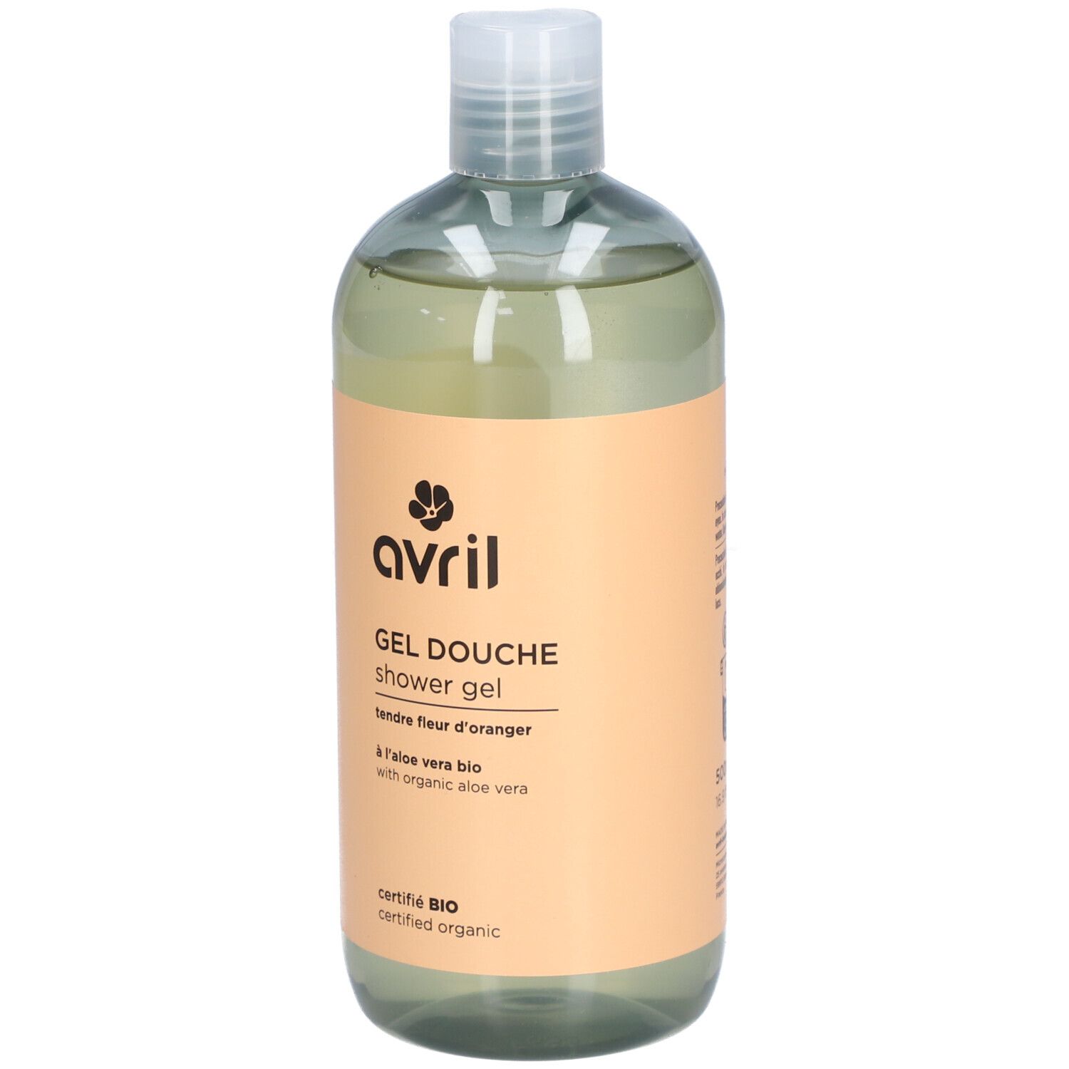 Flacon transparent avec étiquette abricot. Inscription: avril, Gel Douche, Tendre Fleur d'Oranger. Certification bio.