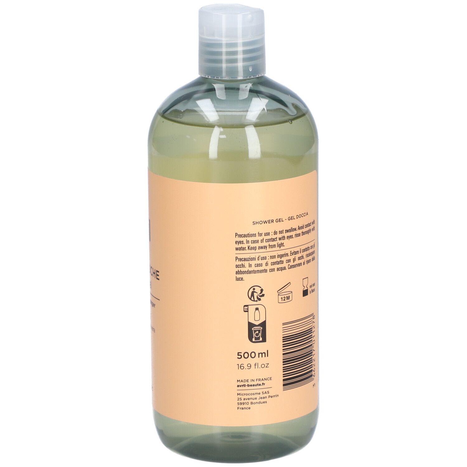 Dos du flacon transparent avec étiquette abricot. Texte, code-barres, 500 ml, 16.9 fl oz. Certification bio.
