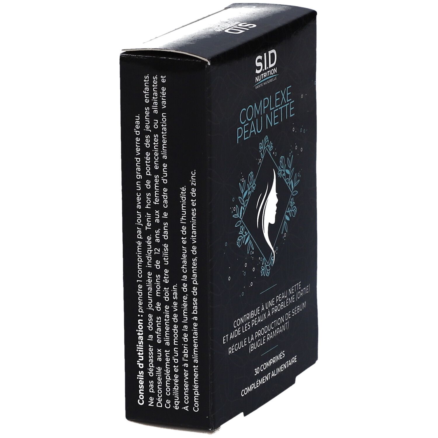 Boîte noire avec impression du produit. Inscription: SID Nutrition Complexe Peau Nette. Contient 30 comprimés.