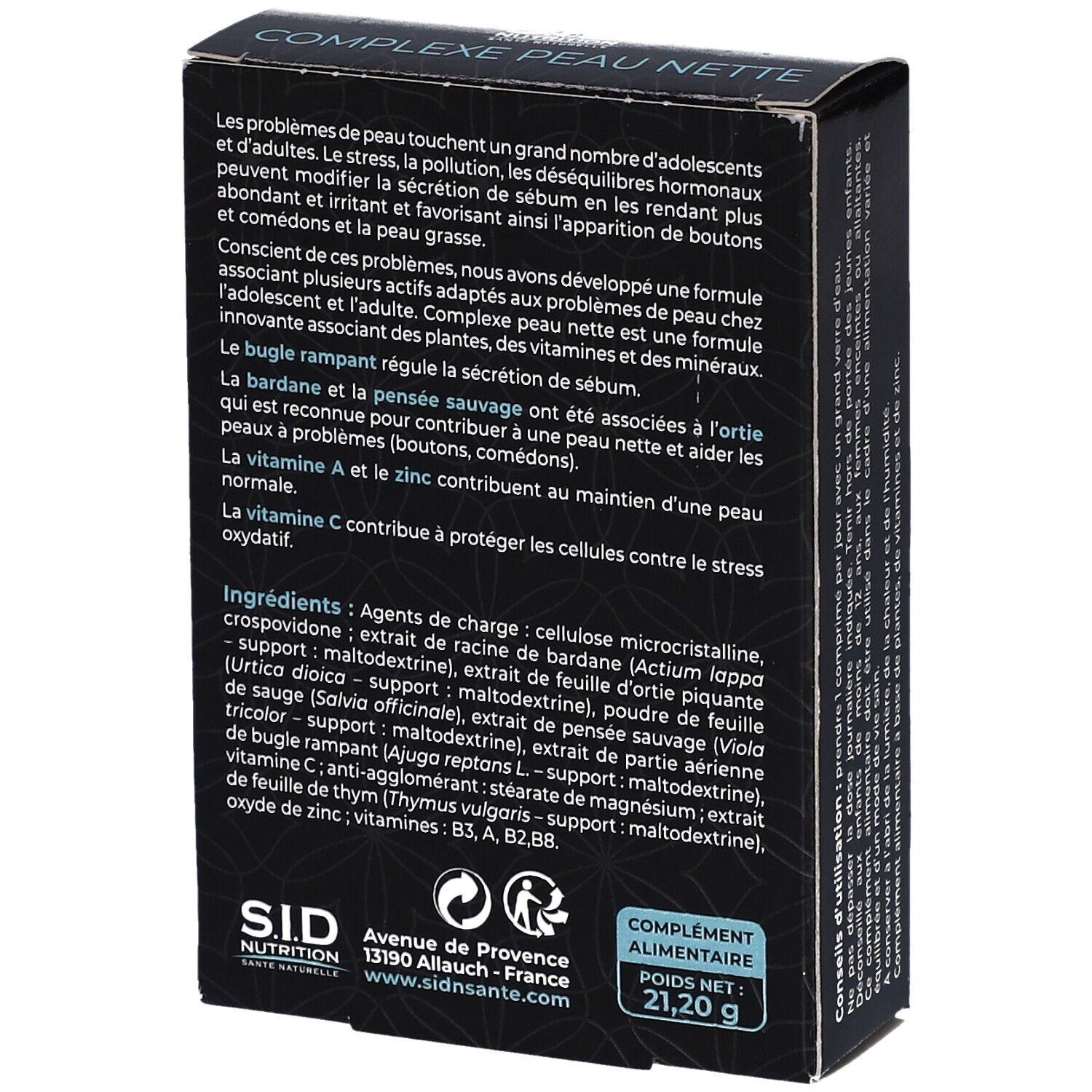 Dos de la boîte noire. Texte sur les ingrédients et l'utilisation. Inscription: Complexe Peau Nette.
