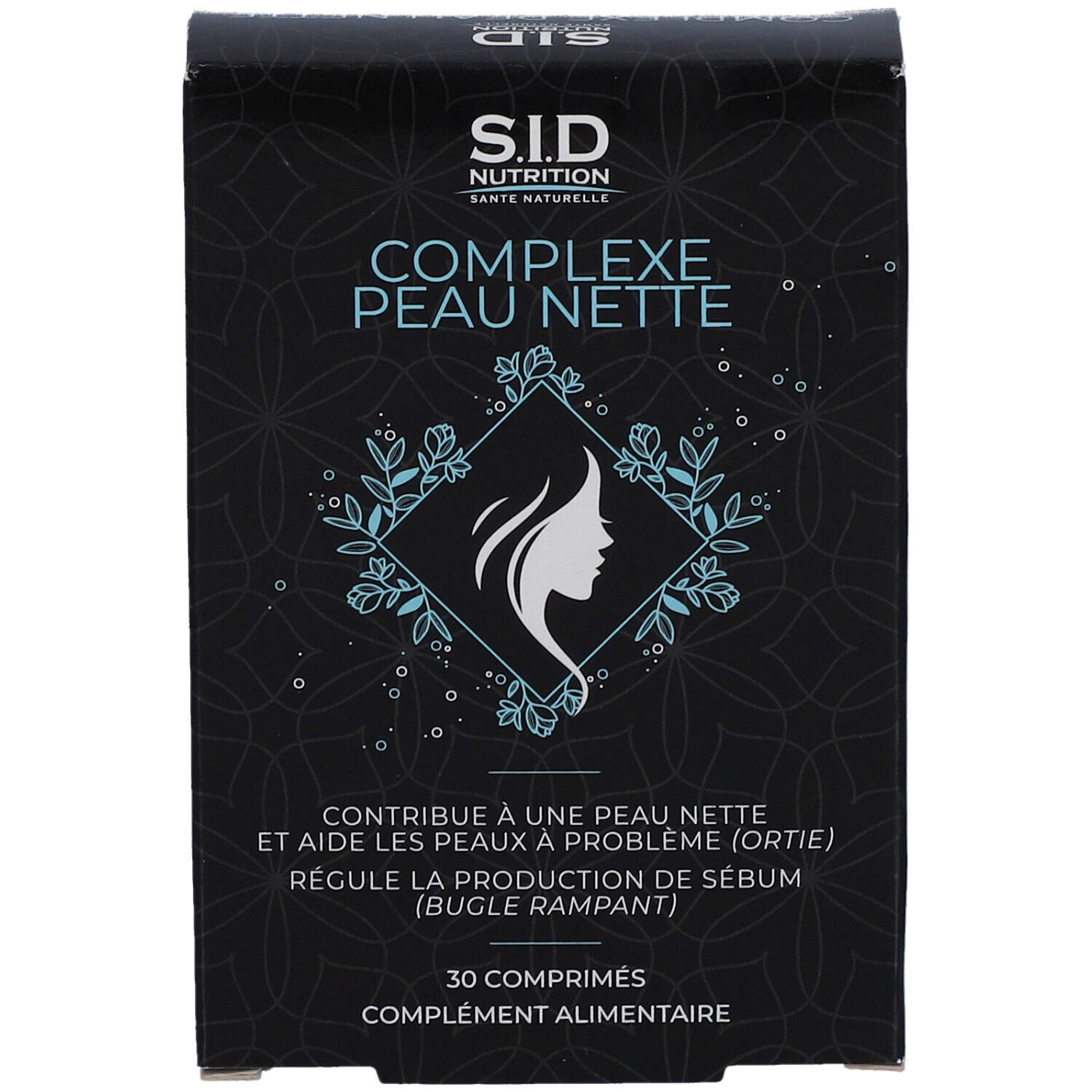 Face avant de la boîte noire. Inscription: SID Nutrition Complexe Peau Nette. Contient 30 comprimés.